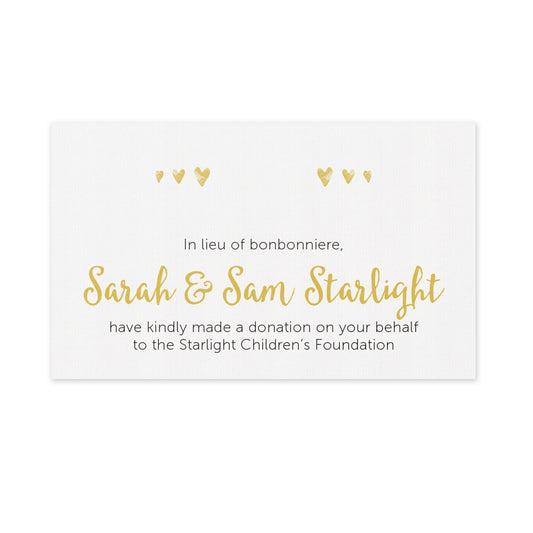 Wedding Favour Donation Card - Golden Hearts